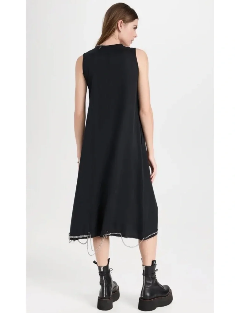 R13 Black Sleeveless Midi Dress with Chain at Neck & Hem